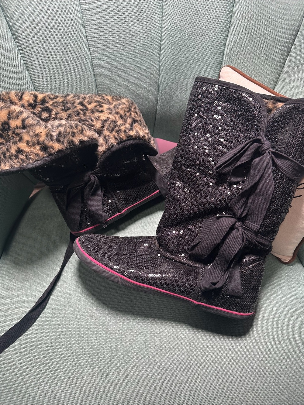 Women's Black Sequin Mid-Calf Boots with Ribbon Ties